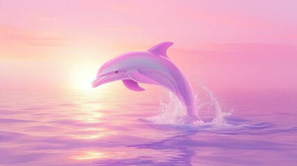 A playful dolphin leaps gracefully out of a pastel pink sea at sunrise.