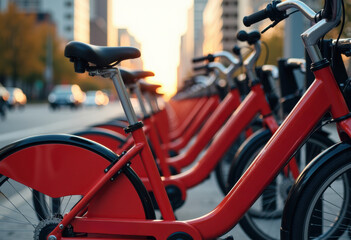 Obraz premium Row of red shared bicycles parked on an urban street during daytime