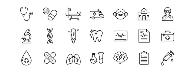 Medical and Healthcare Icon Set  Vector Line Icons of Hospital, Doctor, Medicine, and Health Equipment on White Background