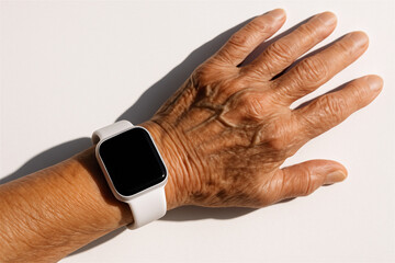 Close-up showcasing a senior woman's wrinkled hand wearing a modern white smartwatch with a blank screen, highlighting the intersection of technology and aging