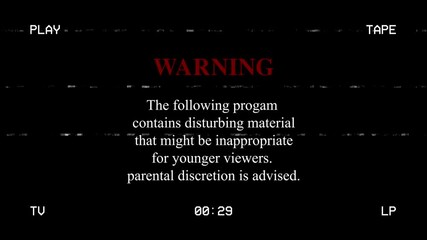 animation old retro vintage VHS tape, recreated from scratch with noise and distortion with warning message: the following content may not be suitable to minors, parental discretion is advised