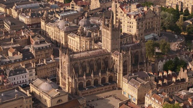 Aerial footage of the spledind, vibrant and unique town of Bath and it Roman's bath in United Kingdom 