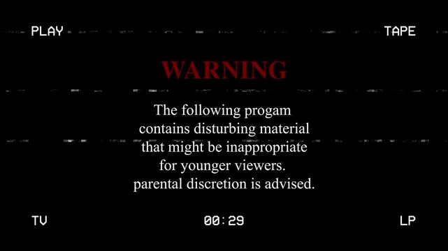 animation old retro vintage VHS tape, recreated from scratch with noise and distortion with warning message: the following content may not be suitable to minors, parental discretion is advised