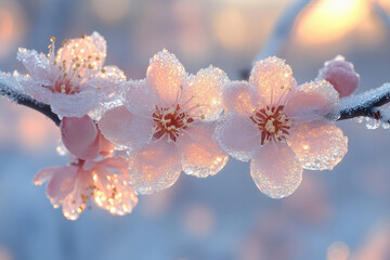 Icy pink flowers on branch.