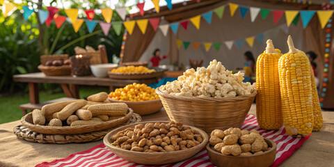 Fototapeta premium Festa junina food popcorn corn peanuts brazilian june party celebration traditional rural festival