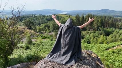 A lone cloaked figure gazes out from a rocky outcrop over a sweeping forest landscape. Evokes...