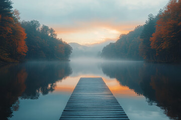 Dock in misty lake surrounded by trees.