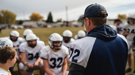 Coach giving motivational speech to football team during practice, inspiring teamwork and determination. players listen attentively, showcasing their commitment to game