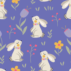 pattern design with little bunny and flowers drawing as vector