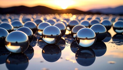 Obraz premium Glossy spheres on a dusky background, absorbing intense twilight color shifts with balanced reflections and smooth depth. 