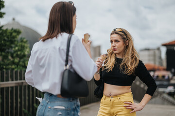 A casual scene featuring two friends conversing while enjoying ice cream on a bright day.
