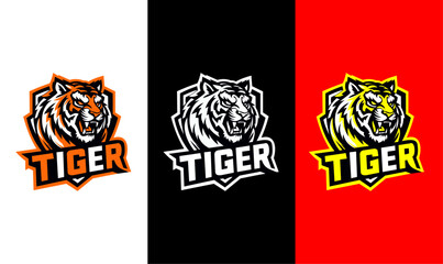 Set of Fierce Tiger Mascot Logos in Orange, Monochrome, and Yellow Styles on Colored Backgrounds