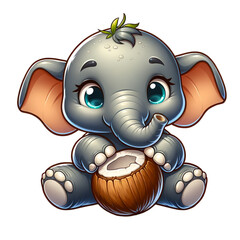 Adorable Baby Elephant with Coconut: A cute baby elephant with big eyes sits and holds a coconut. This illustration is perfect for children's books, cards.