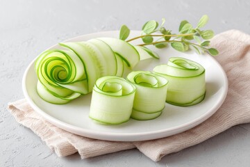 Cucumber Ribbon Garnish Shaped Like a Spiral Enhances the Presentation of Dishes, Showcasing Culinary Creativity in Food Plating and Preparation Throughout a Lovely Dining Experience