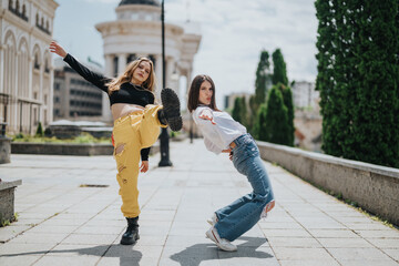 Two stylish friends strike energetic dance-inspired poses on a city street, showcasing their fun...