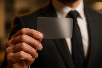 Businessman in suit presenting a transparent blank card, handsome man advertises concept