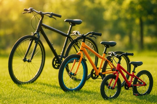 Three bicycles for a family bike ride parked on sunny grass in a park