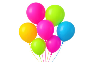 Seven vibrant balloons with neon colors floating together on a transparent background, ready to be added to your designs