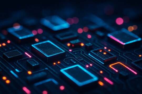 Detailed Circuit Board Close-up in blue and pink, visualizing technology and data processing