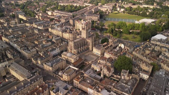 Aerial footage of the spledind, vibrant and unique town of Bath and it Roman's bath in United Kingdom 