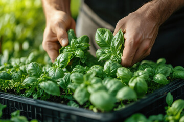Person picking basil leaves from a crate.