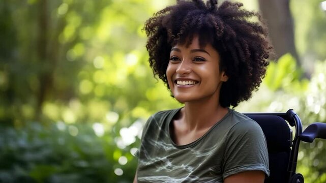 Portrait of a cheerful disabled African American woman in a park.