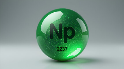 Neptunium icon. Np chemical element. Atomic number 93. Mass 237. Green sphere image.