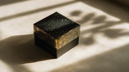 Minimalist luxury gift box with embossed gold pattern, sophisticated New Year gifting idea. 