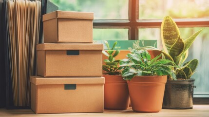 Three stacked natural brown cardboard storage boxes with black label holders on a wooden surface, accompanied by lush green potted plants in terracotta and black pots, vertical light brown files,