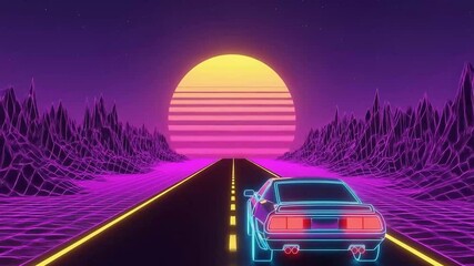 Synthwave Retro Car Driving into Neon Sunset – Outrun 80s Aesthetic - Powered by Adobe