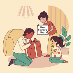 Obraz premium A father opening a gift while his wife holds a happy father's day sign and daughter watches with joyfully