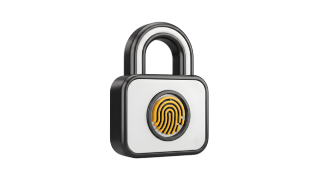 Padlock with Yellow Fingerprint Icon Isolated on Transparent Background
