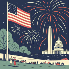 Obraz premium Illustration of fourth of july celebration with fireworks and american flag in washington dc