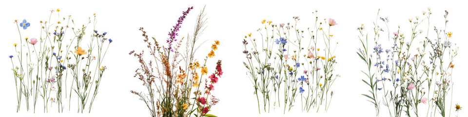 Naklejka premium set of Clusters of ornamental meadow grasses gently scattered with blooming flowers, on a transparent backgrounds