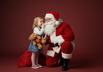 A magical Christmas moment: An innocent little girl holding a teddy bear whispers her secret wish into Santa Claus's ear.
