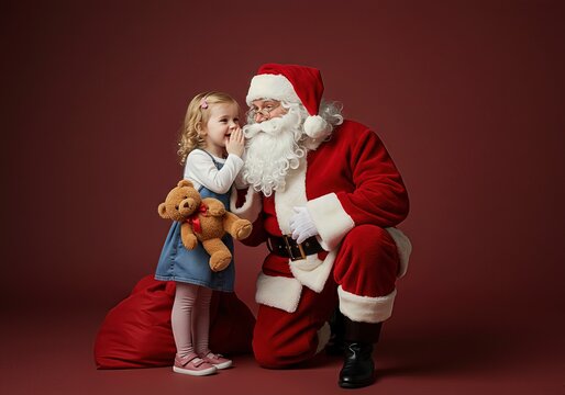 A magical Christmas moment: An innocent little girl holding a teddy bear whispers her secret wish into Santa Claus's ear.