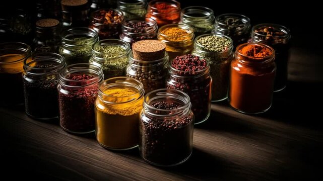 Variety of Spices in Glass Jars on Dark Wood