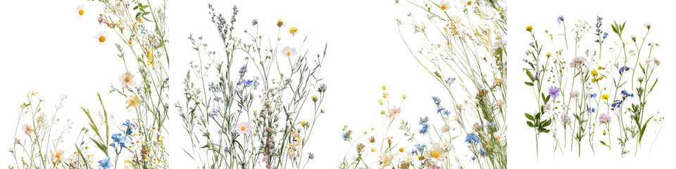 set of Clusters of ornamental meadow grasses gently scattered with blooming flowers, on a transparent backgrounds