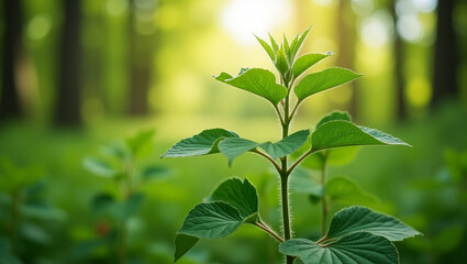 Close-up of a plant in a summer forest, no people in sight