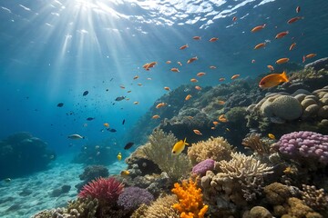 Fototapeta premium Tropical blue ocean with vibrant red coral reefs, diverse fish, and divers exploring the deep marine life of the Red Sea