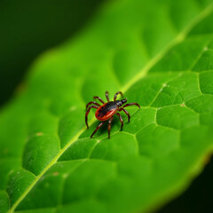 Naklejka premium Tick crawling on a leaf, sharp macro shot, warning for hikers