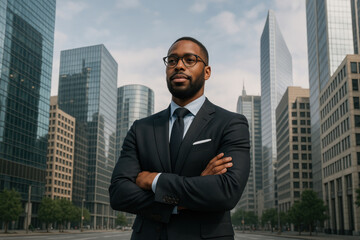 Fototapeta premium A man in a suit and tie standing in front of a cityscape.