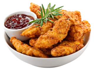 Crispy tender chicken strips on stylish white plate