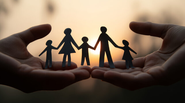 Community support silhouette family care concept at sunset