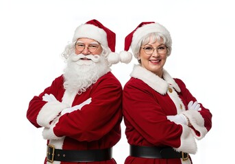 Classic Santa Claus and Mrs. Claus Standing Together in Traditional Red Outfits for Festive Christmas Holiday, Unity, and Cheerful Celebration Concepts