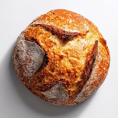 Freshly baked sourdough bread with a golden crust and artisanal texture on a light background