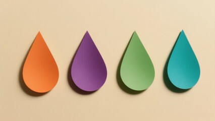 Quad-color gradient teardrop paper shapes: Orange, purple, green, teal geometric elements arranged in precise array on pale background. Modern minimalist design for stationery, presentation templates,