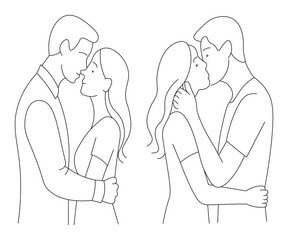 Minimal Line Art of Couple Kissing and Embracing. Romantic Couple Poses in Black and White Outline. Couple in Love Kissing and Hugging Minimalist Style.