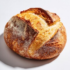 Freshly baked sourdough bread with a golden crust and artisanal texture on a light background