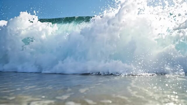 arafed view of a wave breaking on the beach with a blue sky